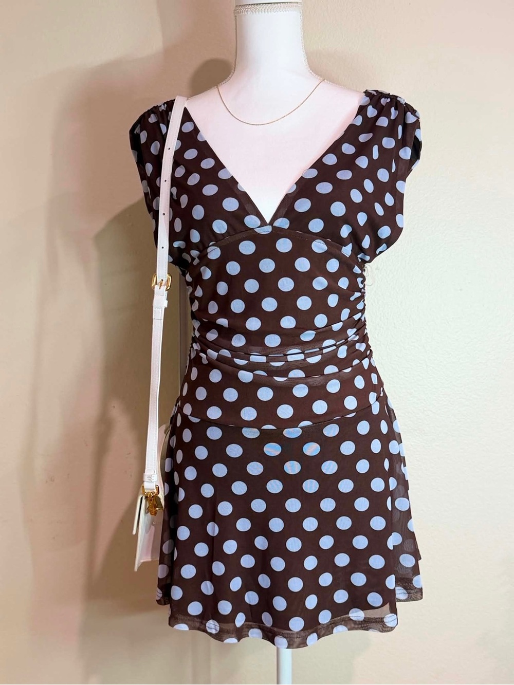 Persaya Brown Mini Dress with Light Blue Polka Dots